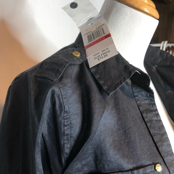 Michael Kors Navy Linen Button Down Xs NEW - Picture 3 of 7